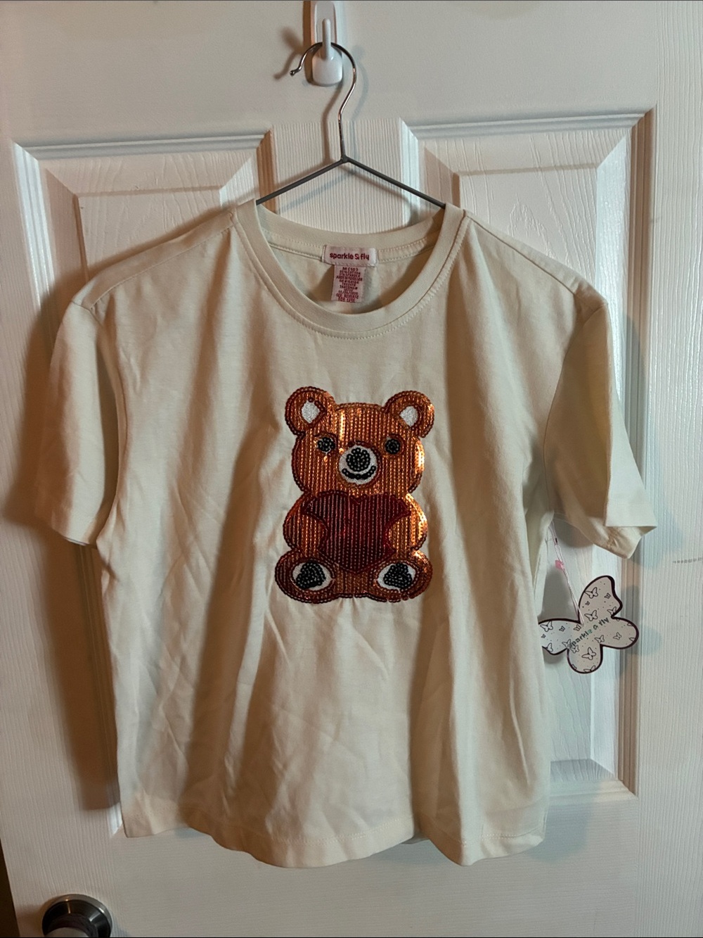 Cream Sequin Bear Tee - Kids